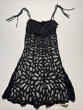 BETSEY JOHNSON Vintage Y2K Milkmaid Whimsigoth Black Crochet Lace Midi Dress 2
